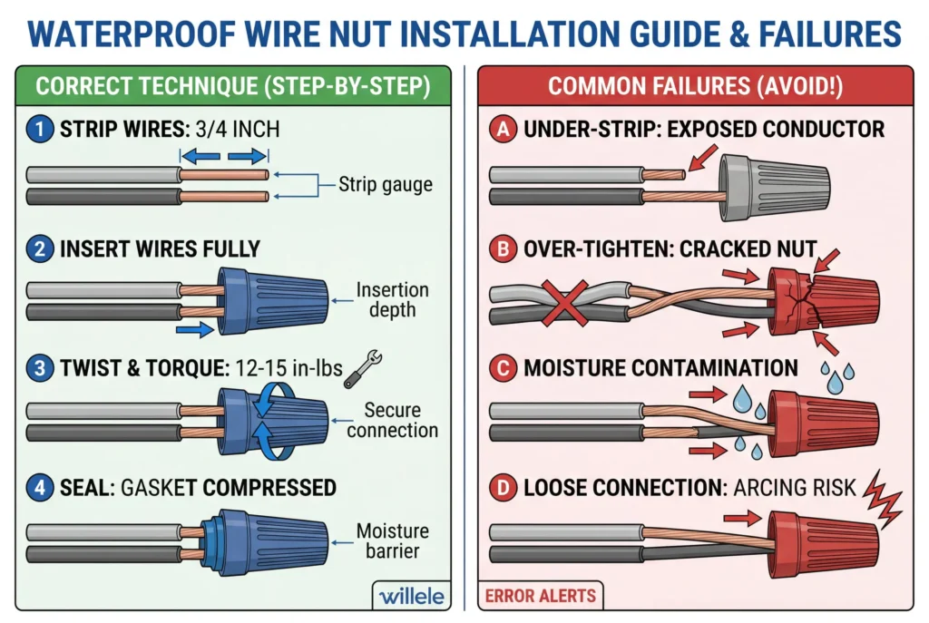 Annotated schematic illustrating common waterproof wire nut installation mistakes and prevention methods