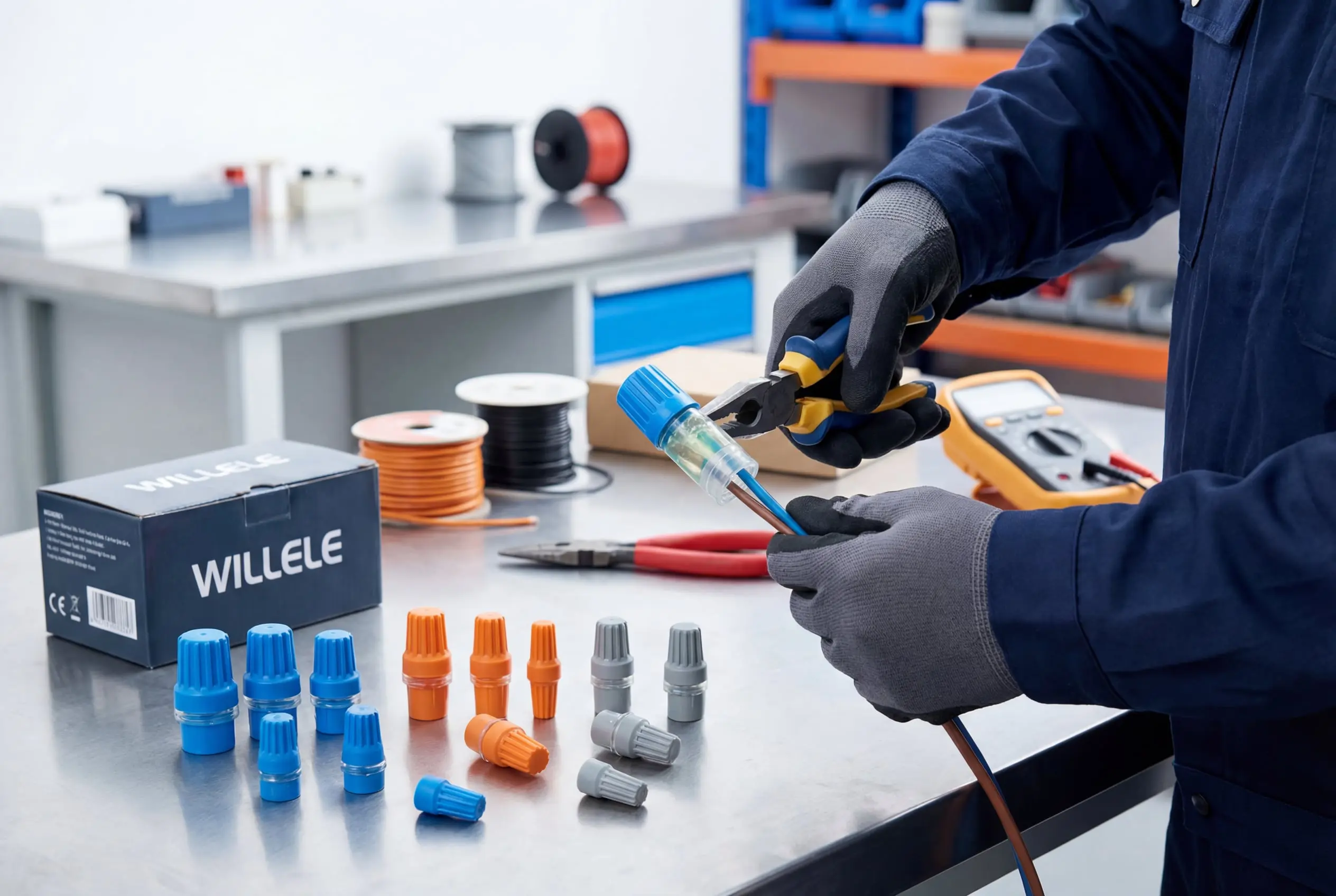 Professional installation of willele waterproof wire nuts showing proper technique and tools