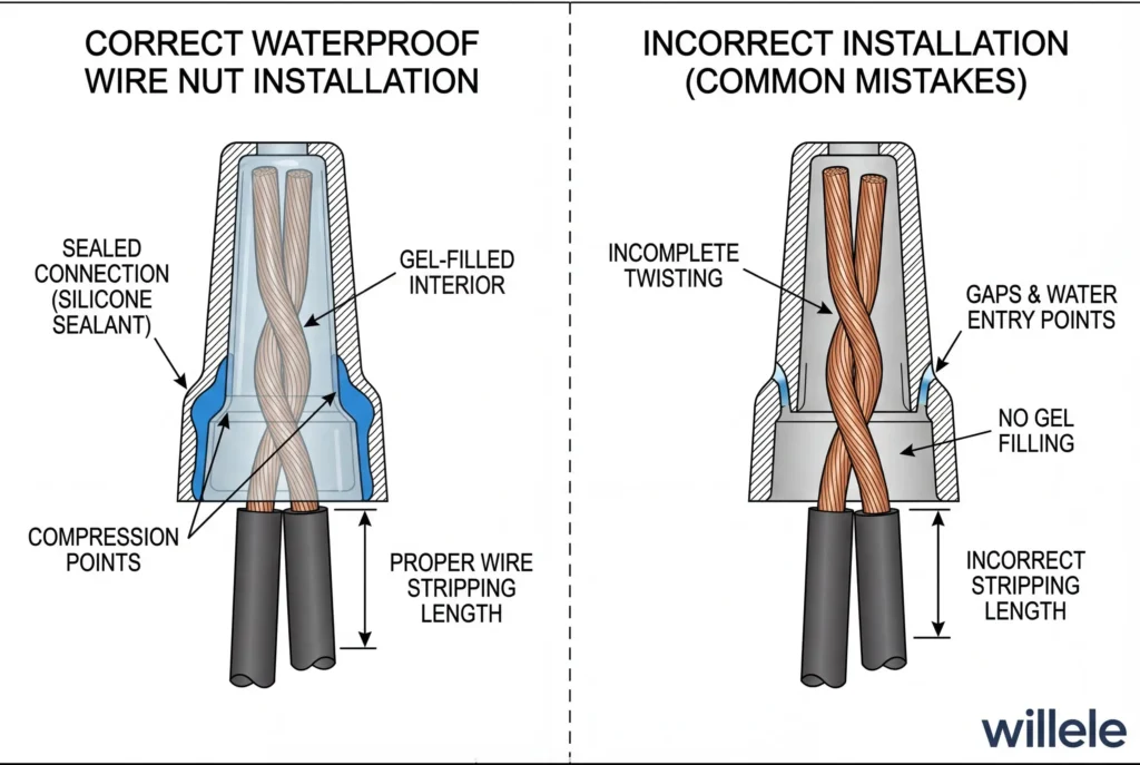 Technical cutaway diagram comparing correct and incorrect waterproof wire nut installation methods