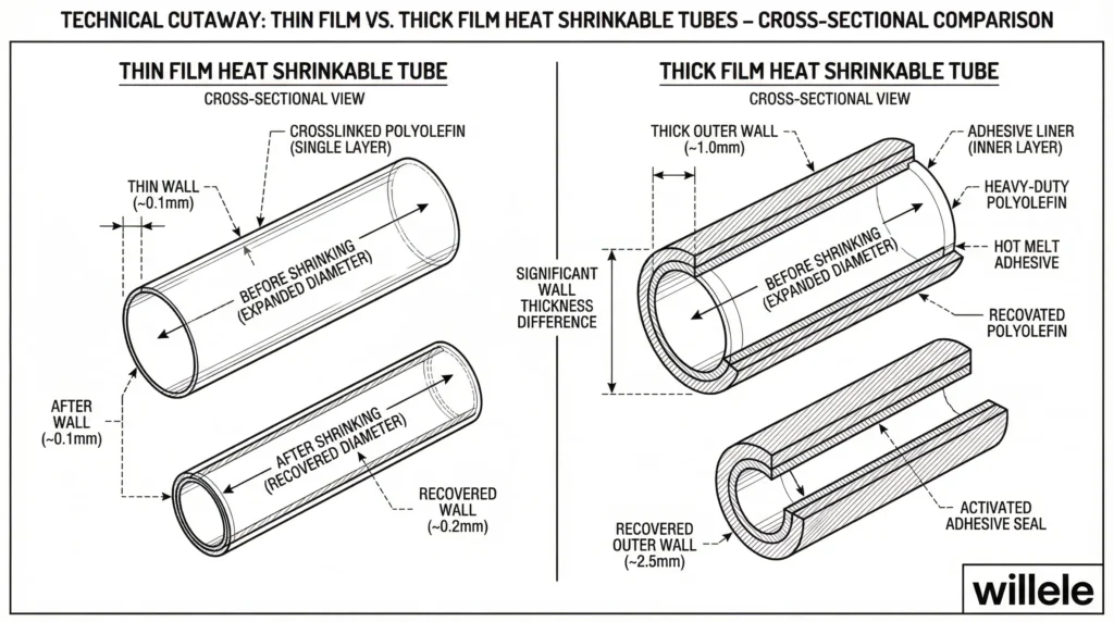 Thin Film vs Thick Film Heat Shrink Tube Technical Diagram