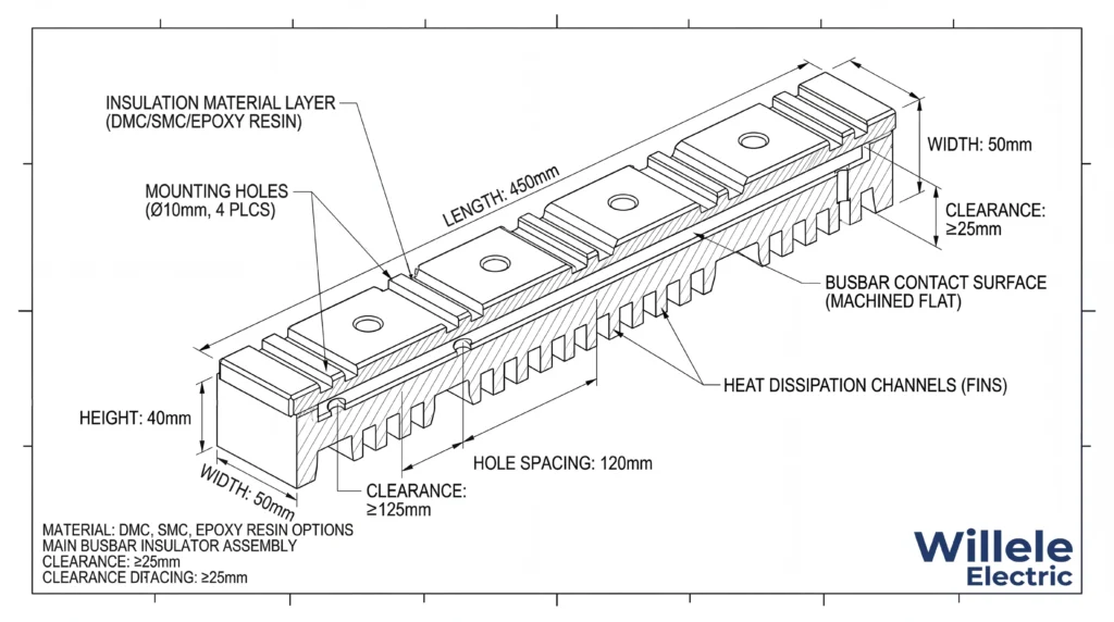 Busbar Insulator Technical Schematic - Willele Electric