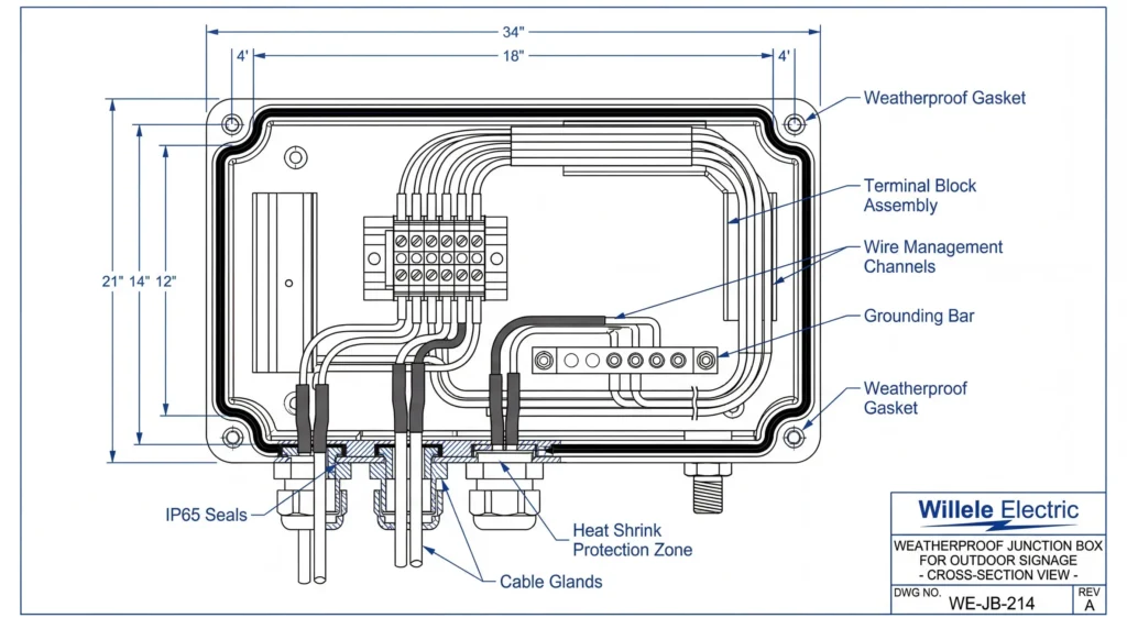 Technical cross-section diagram of Willele junction box showing internal components and heat shrink protection zones