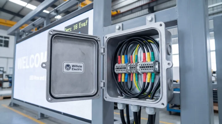 Willele weatherproof junction box installed on commercial signage showing organized wiring with heat shrink tube protection