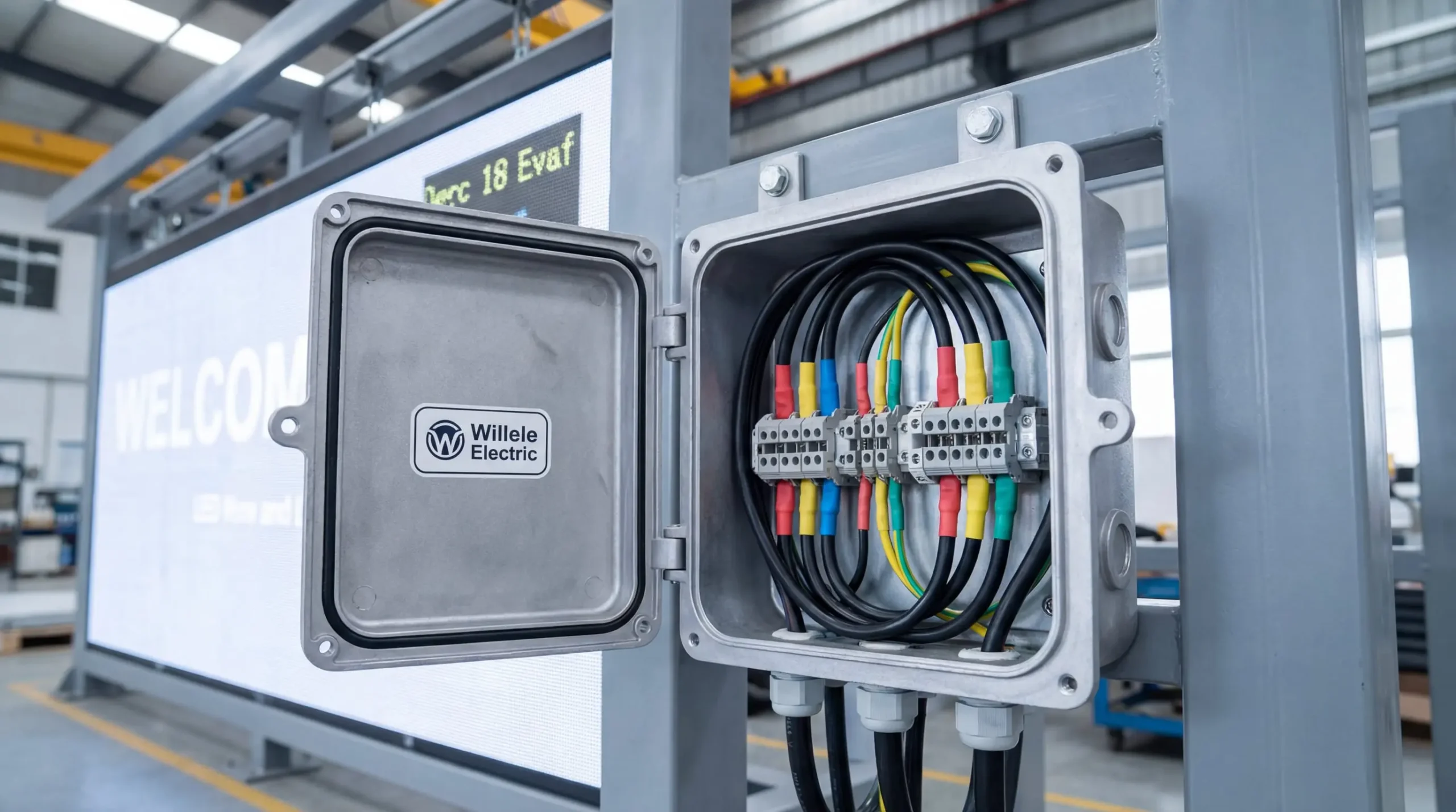 Willele weatherproof junction box installed on commercial signage showing organized wiring with heat shrink tube protection