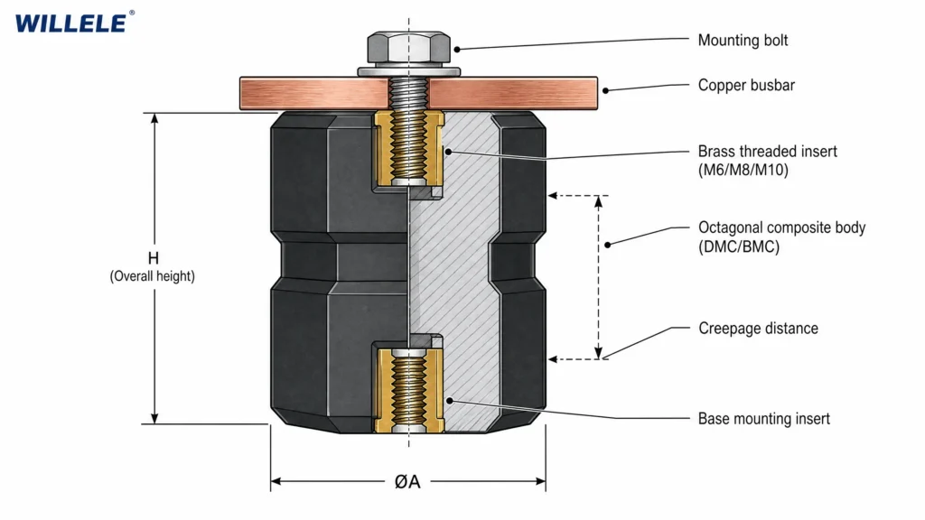 TSM Series Busbar Insulator - Technical Cross-Section Diagram